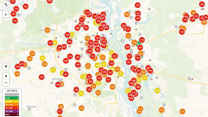 Рівень забрудненості повітря у Києві станом на 3 березня (Фото: google)